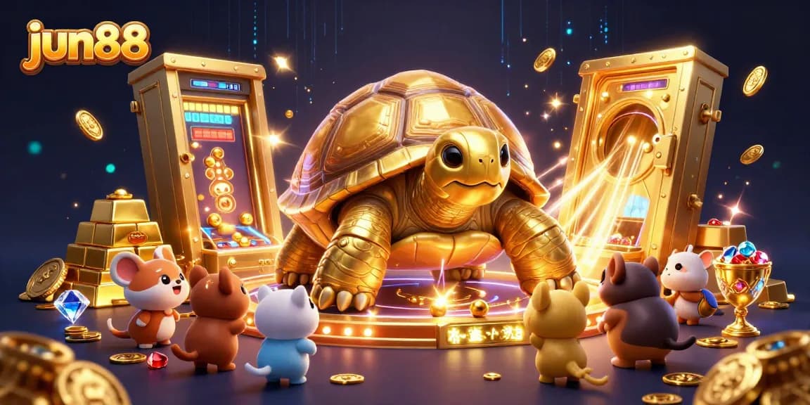 Play exciting casino games at jun88 with a colossal golden tortoise pinball machine surrounded by treasures.