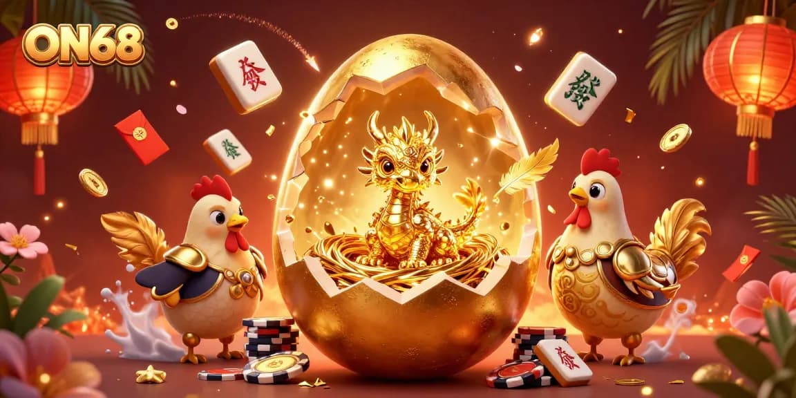 Experience the excitement of gaming with ON68's golden dragon and poker chips in a vibrant casino scene.
