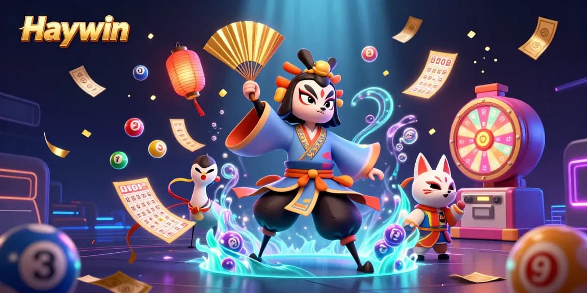 Engaging Haywin gaming scene with kabuki warrior and colorful lottery elements for players