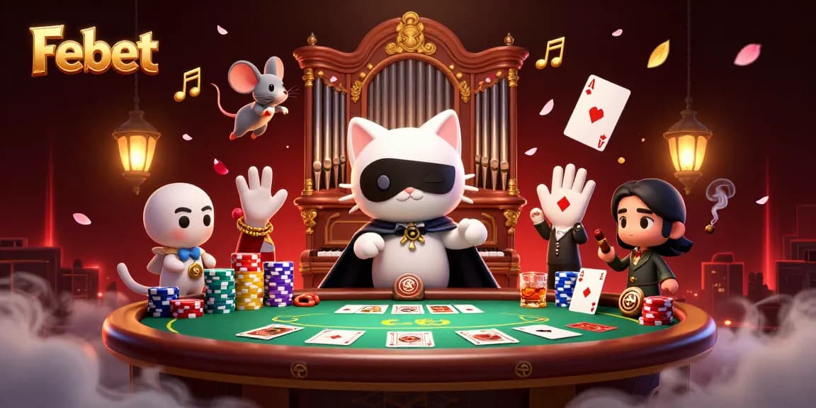 Febet's captivating gaming experience showcased with a whimsical phantom cat and dynamic poker elements