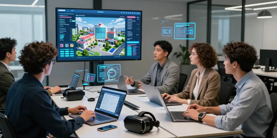A group of professionals discussing rokok88 link login in a futuristic virtual property investment setting.