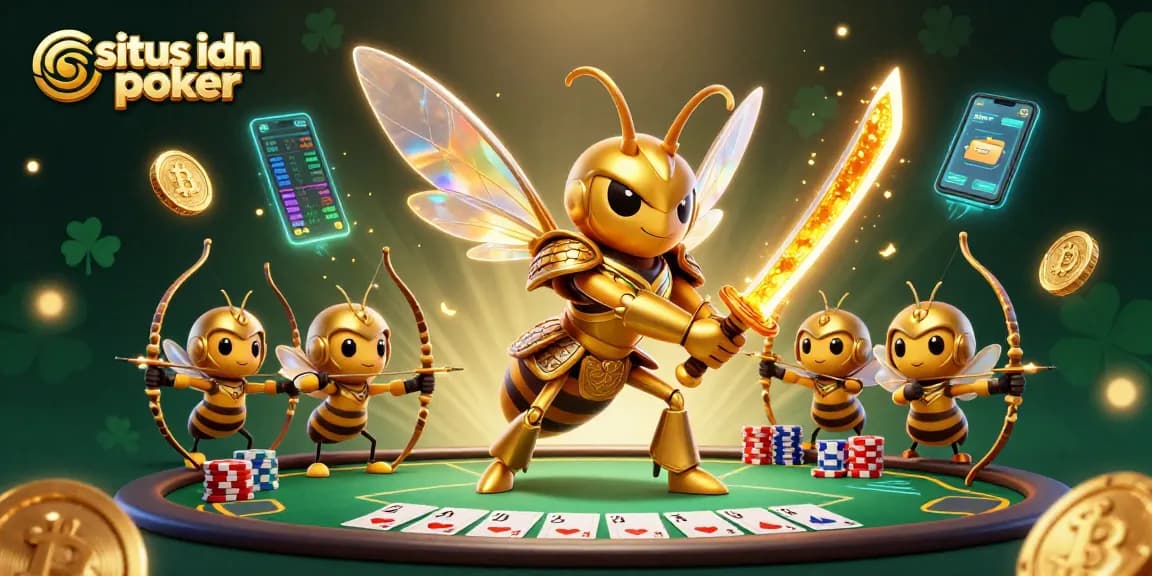 Mainkan situs idn poker dengan keseruan level baru di meja poker yang dinamis, dikelilingi oleh elemen digital modern.