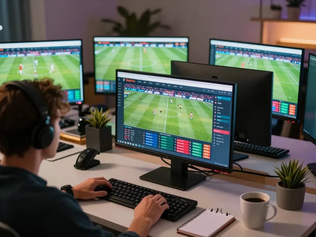 Socolive sports betting experience with live matches and betting odds displayed on multiple screens in a modern setup
