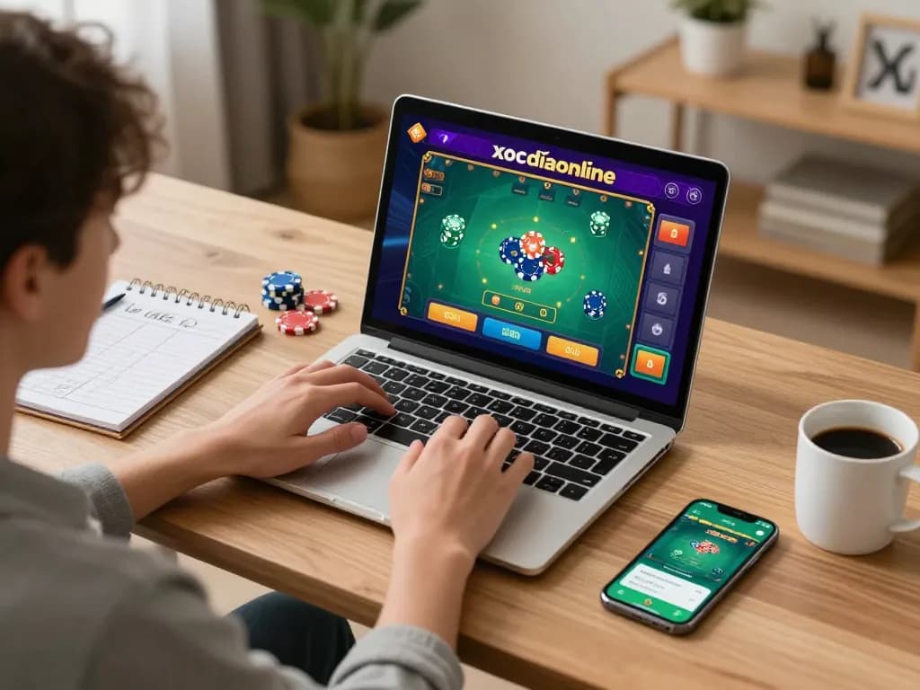 Xocdiaonline gaming session with player using laptop in a modern home office.