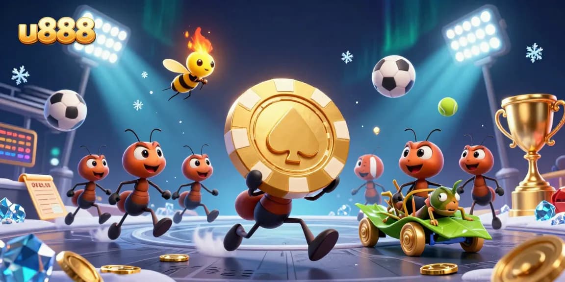 Ants carrying a golden poker chip symbolize u888 casino's exciting games and bets.