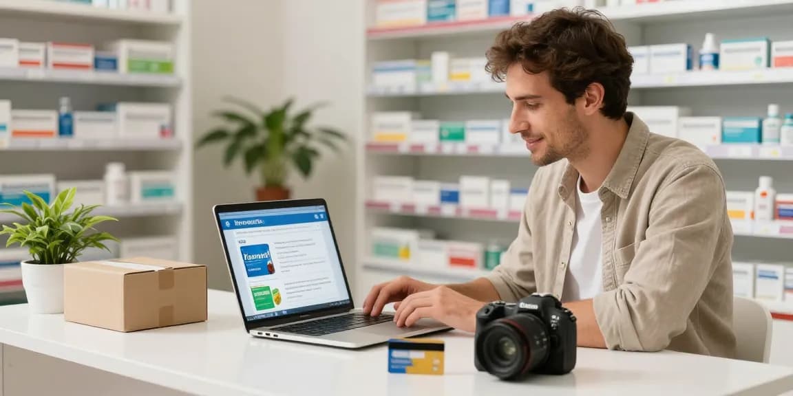 Kamagra bestellen schweiz - customer confidently ordering Kamagra medication online in a modern pharmacy.