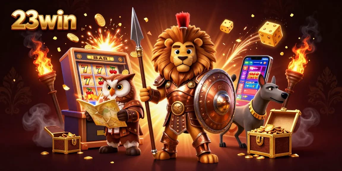 Experience casino excitement with 23win's thrilling 3D illustration featuring vibrant game elements.