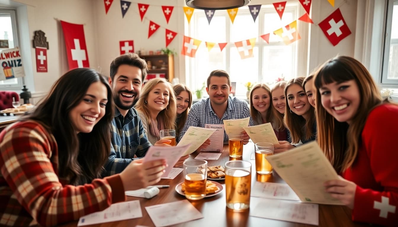 Spannende Schweiz-Quiz-Szene, in der Freunde eine unterhaltsame Trivia-Session genießen.