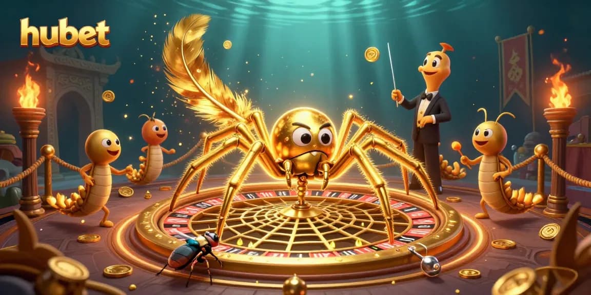 Place bets with hubet at the roulette wheel crafted by a golden spider in this dynamic casino scene.