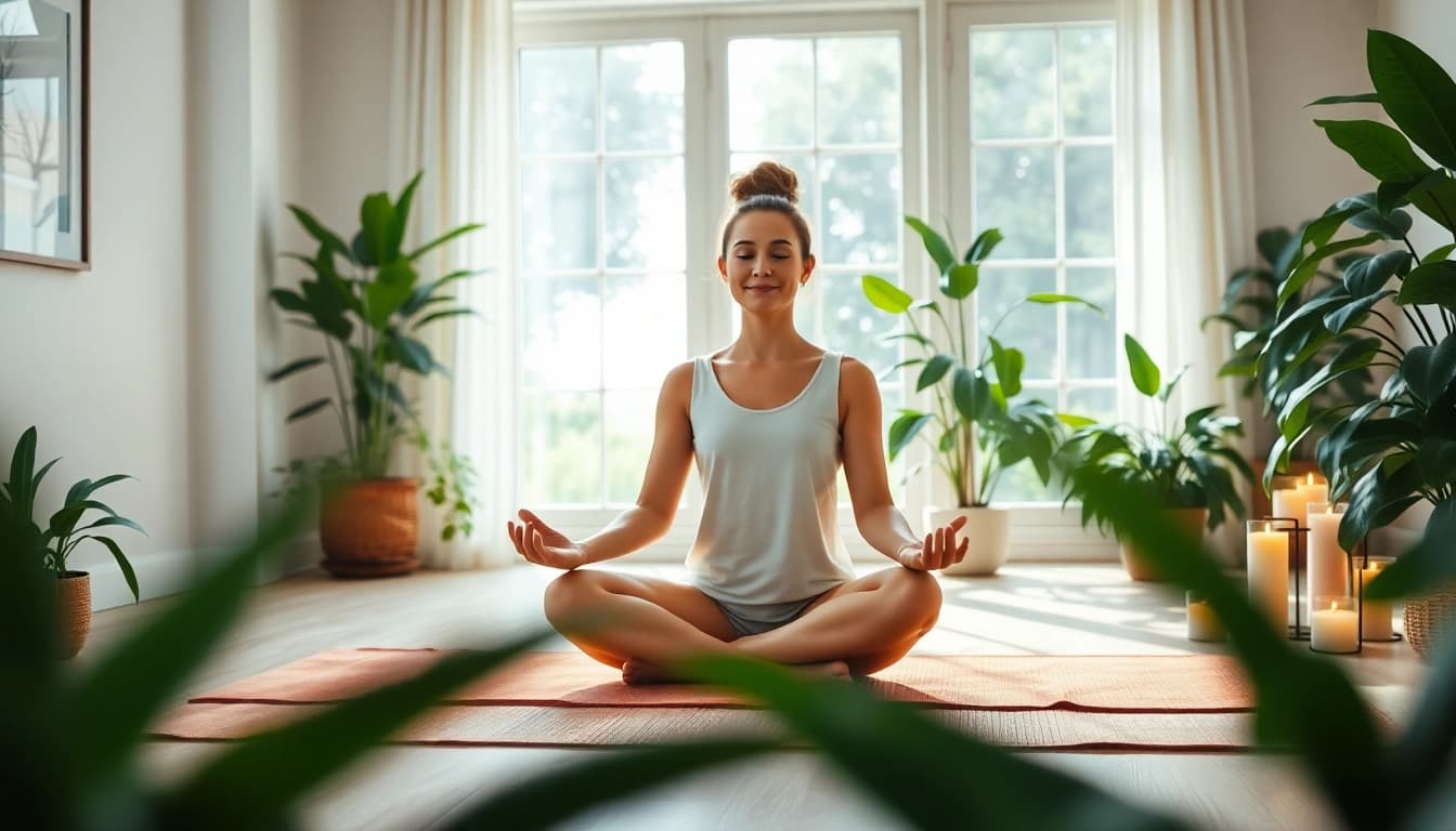 Enhance emotional wellbeing through serene meditation practice in a tranquil indoor setting.