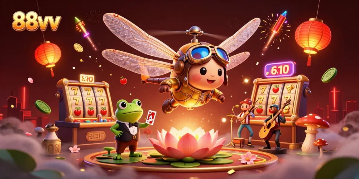Bet on winnings with the vibrant 88vv casino featuring a dragonfly pilot and lively frog croupier.