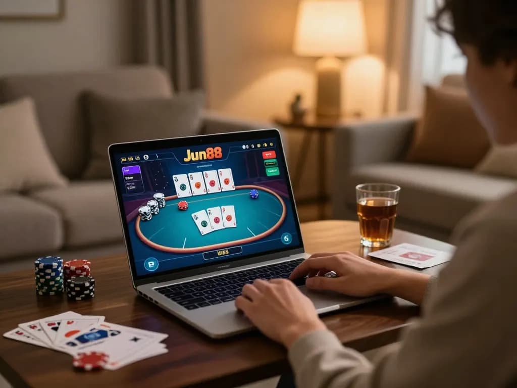 Play poker online at Jun88 in a cozy living room with dynamic game interface on laptop.