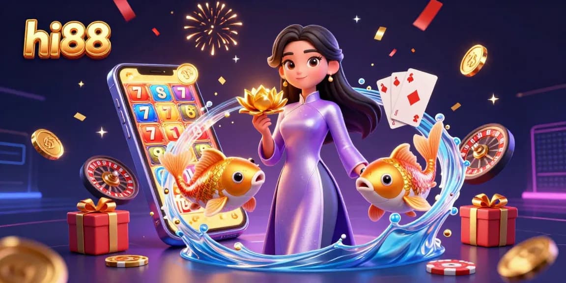 Experience the excitement at hi88 with a vibrant slot gaming scene featuring a 3D Asian woman and dynamic elements.