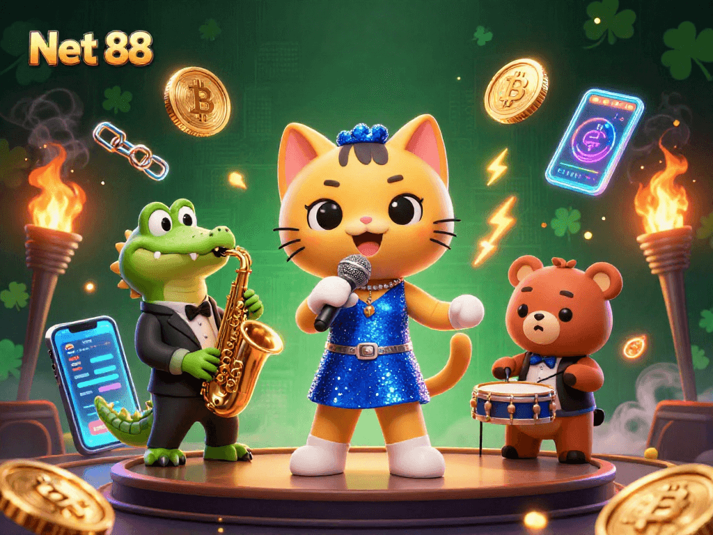 Engage with Net 88 in a vibrant 3D casino scene featuring a jazz-singer cat, sax crocodile, and drum bear.
