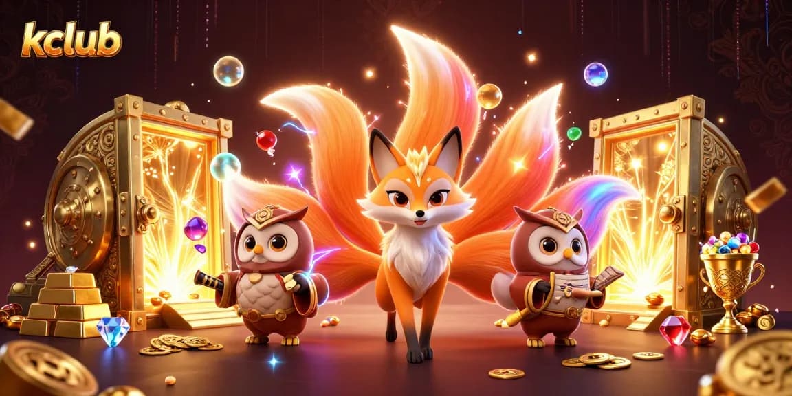 Kclub online casino features a vibrant scene with a nine-tailed fox spirit and wise owl among treasures, symbolizing enchanting gaming.