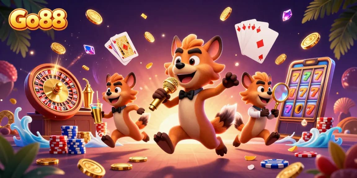 Go88 casino hyenas create a lively atmosphere with gold coins and slot reels.