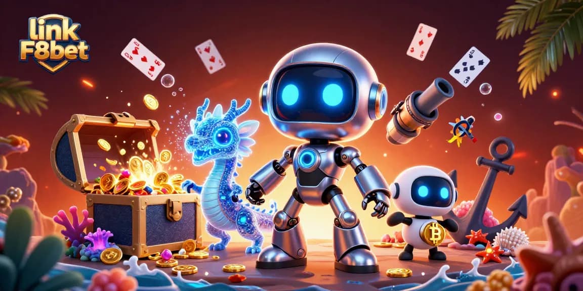 Engage with link F8bet, showcasing a dynamic casino scene filled with vibrant characters and gaming elements.