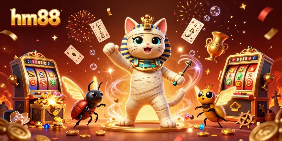 Play thrilling casino games at hm88 featuring an animated Egyptian mummy cat with glowing scarab wings.