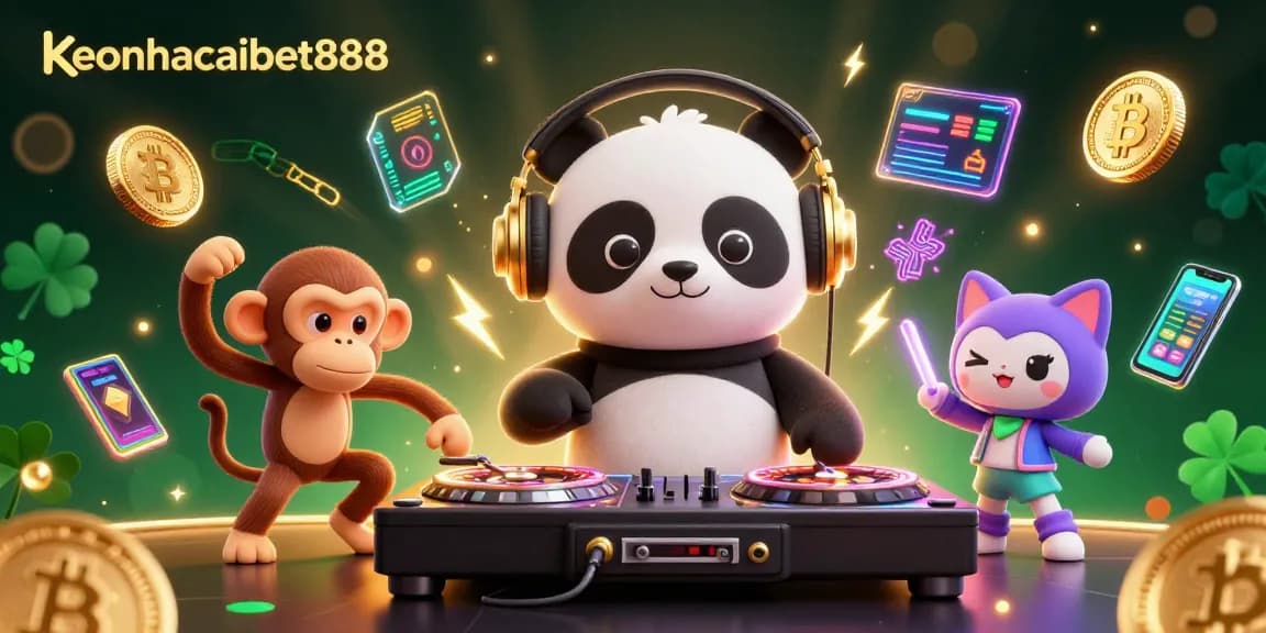 Engage with keonhacaibet888's vibrant casino scene featuring a DJ panda and animated characters in action.