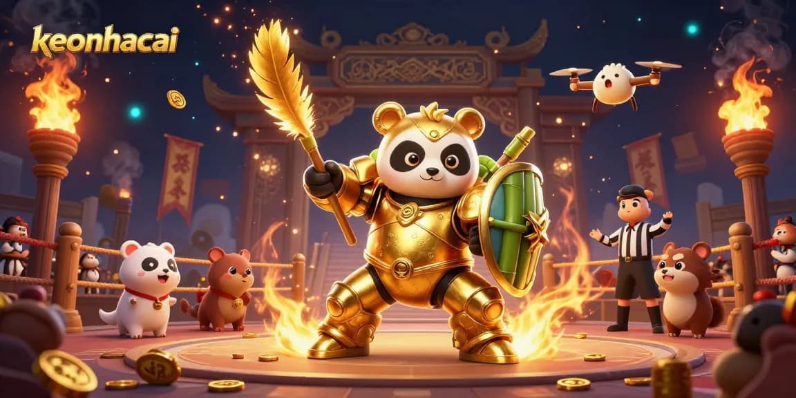Engaging scene depicting keonhacai sports betting arena with animated golden panda and vibrant elements.