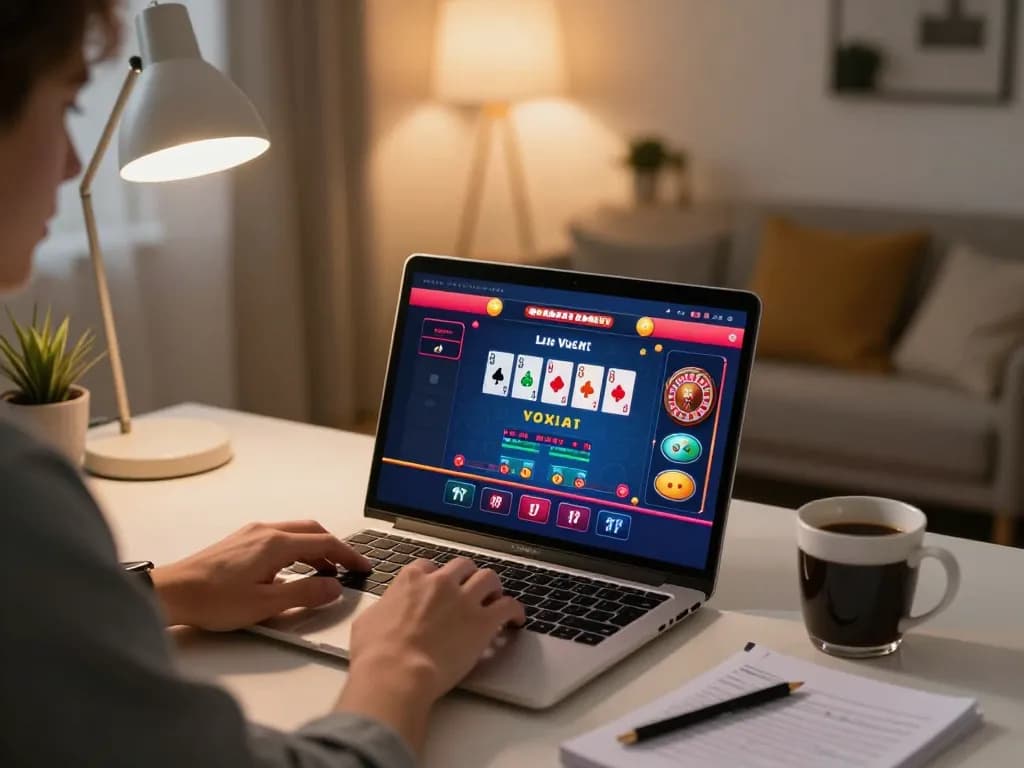 Player utilizing 98win vin online casino on laptop, with colorful games and betting strategies visible.