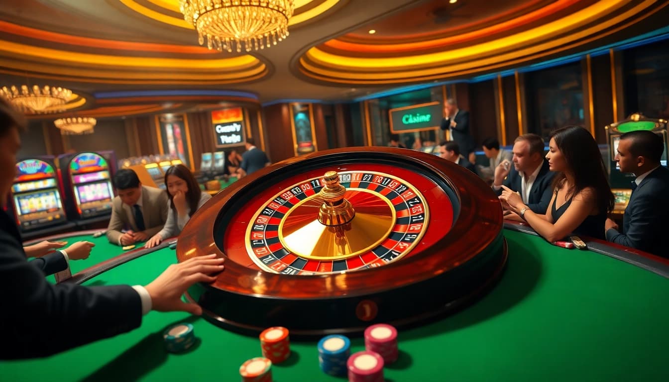 Betting excitement at a luxurious casino with roulette and vibrant gaming elements on https://tx88at.com/.