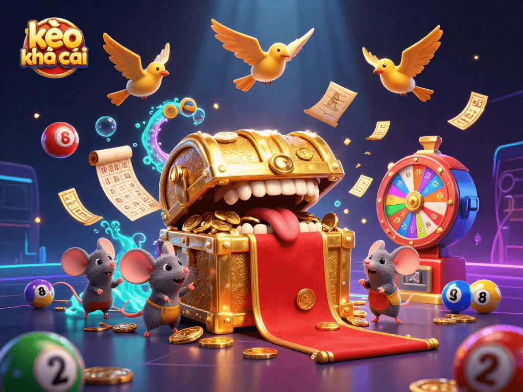 Engaging kèo nhà cái scene with a treasure chest and lottery elements enticing gamblers