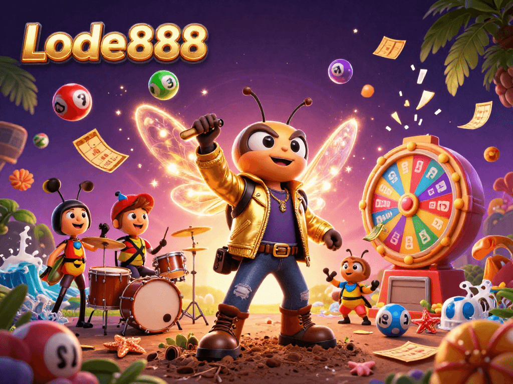 Lode888 showcases vibrant lottery excitement with dynamic characters and colorful game elements.