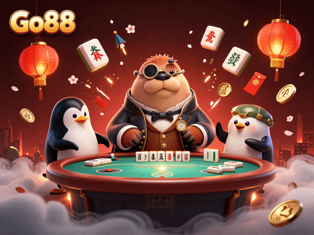 Go88 offers a thrilling poker scene with a walrus, penguin dealer, and bluffing pufferfish.