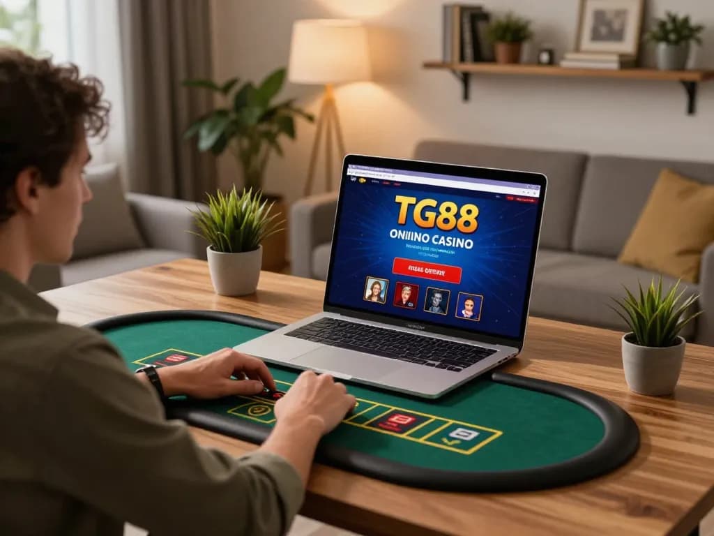 Engaging in TG88 live dealer game at home, showcasing a modern gaming setup with laptop and cozy atmosphere.