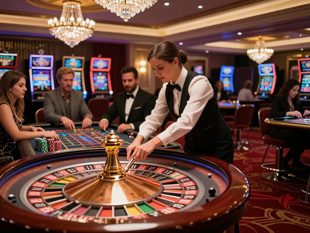 Players engaging at the 98wincom roulette table, showcasing vibrant casino atmosphere and excitement.