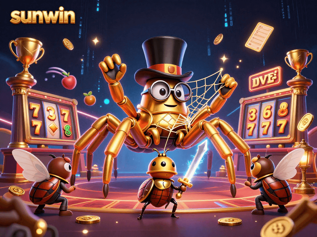 Sunwin features a golden tarantula and beetle knight in a packed casino-themed illustration.
