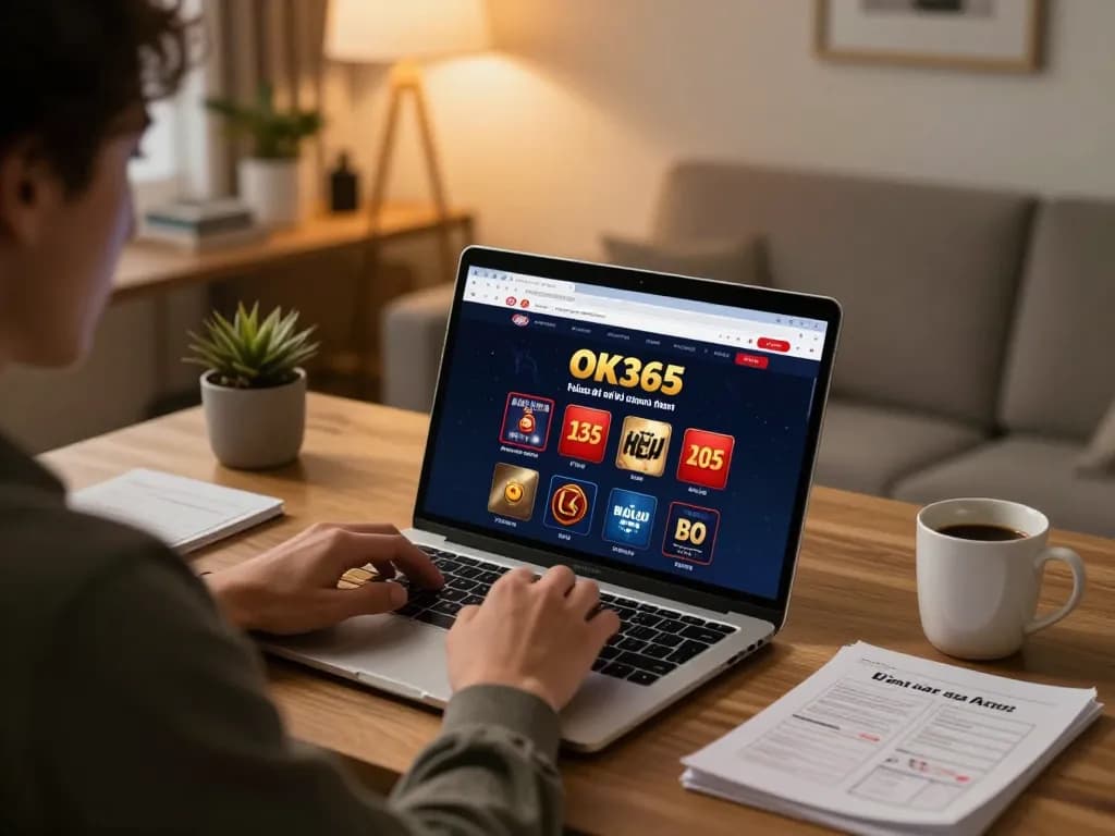 Player engaging with Nhà cái OK365 online casino in a cozy home environment, strategizing bets on laptop.