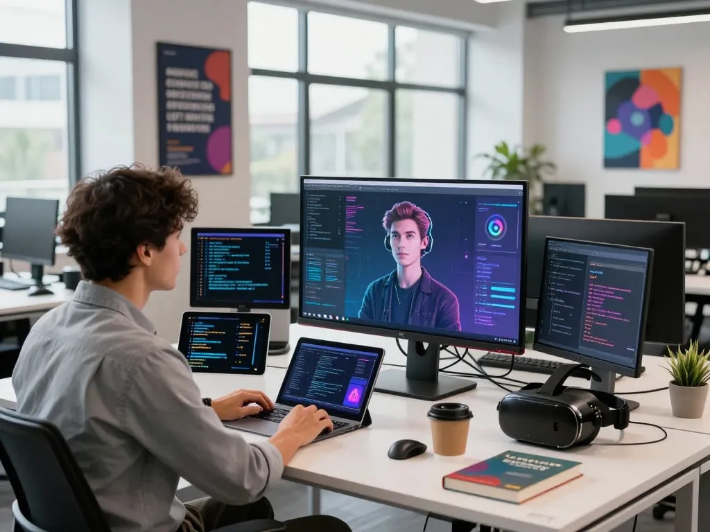 Engaging interaction with crush on ai in a modern tech workspace, featuring an AI avatar on a monitor and digital devices.
