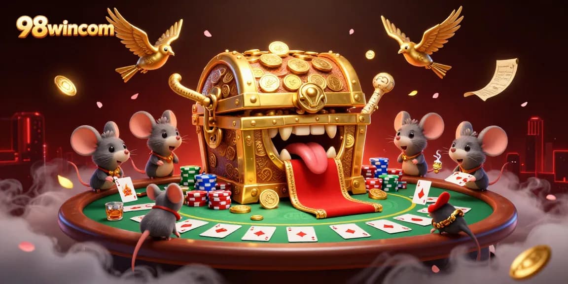 Bet on exciting games at 98wincom, featuring a vibrant casino scene with poker chips and a treasure chest.