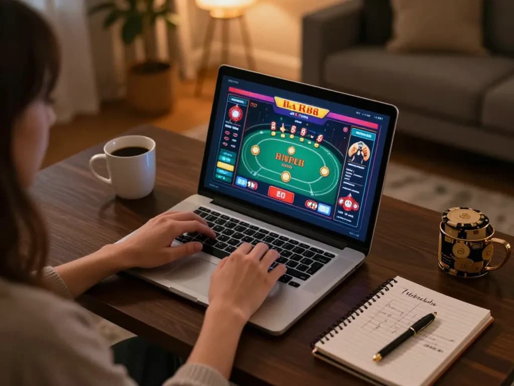 Player engaging in TR88 online casino poker game on laptop, with betting notes alongside, cozy gaming atmosphere
