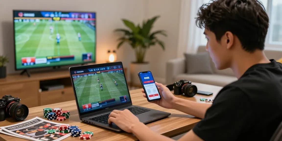 Exciting online betting scene illustrating link tải au88 with a gamer using a laptop and smartphone in a vibrant room.