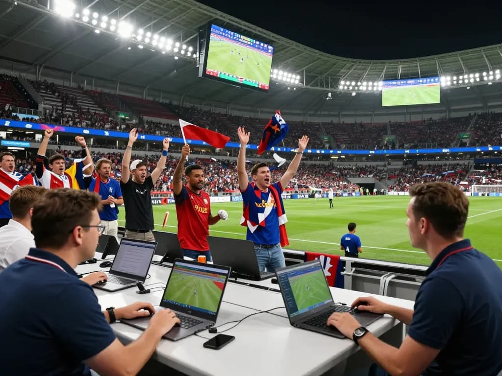 Real-time analysis of Nowgoal live sports scores with excited fans and analysts at a stadium
