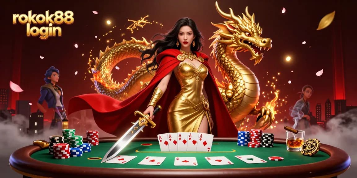 Experience the thrill of rokok88 login with a vibrant casino scene showcasing a warrior queen and golden dragon.