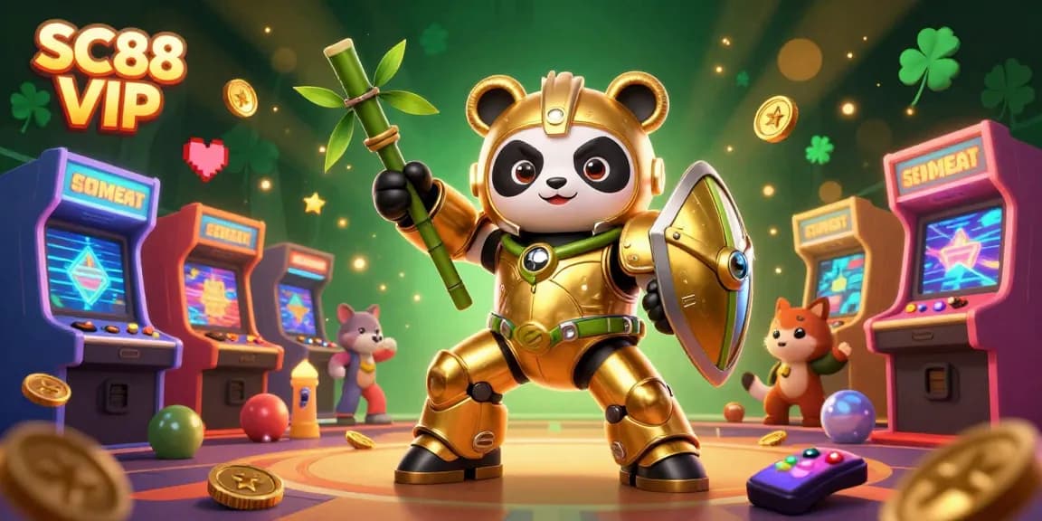Experience the thrilling action of SC88 VIP with a dynamic scene featuring golden panda mech and rich gaming elements.