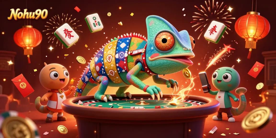 Nohu90 casino illustration featuring a colorful chameleon owner, vibrant slots, and festive elements.