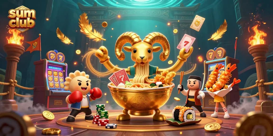 Engage with the thrill of the sum club featuring a golden ramen bowl dealer, surrounded by casino elements.