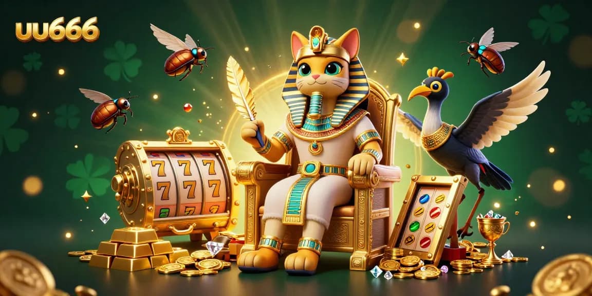 Play slots at uu666 with a golden-flecked illustration of entertaining pharaoh characters and treasure.