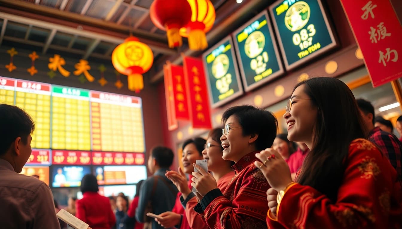 Exciting scene of players checking their tickets during a live china lotto draw, with vibrant colors and energy.