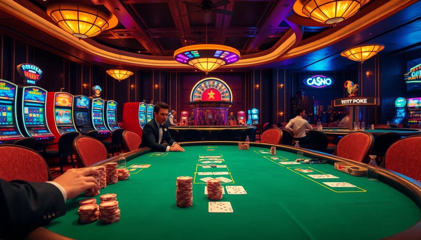 Engaging casino scene featuring poker players and vibrant slot machines inspired by https://c168seo.com/.