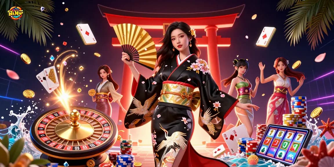 Nổ Hũ jackpot scene showcasing vibrant casino elements with a graceful Asian woman, coins, and slot machines.