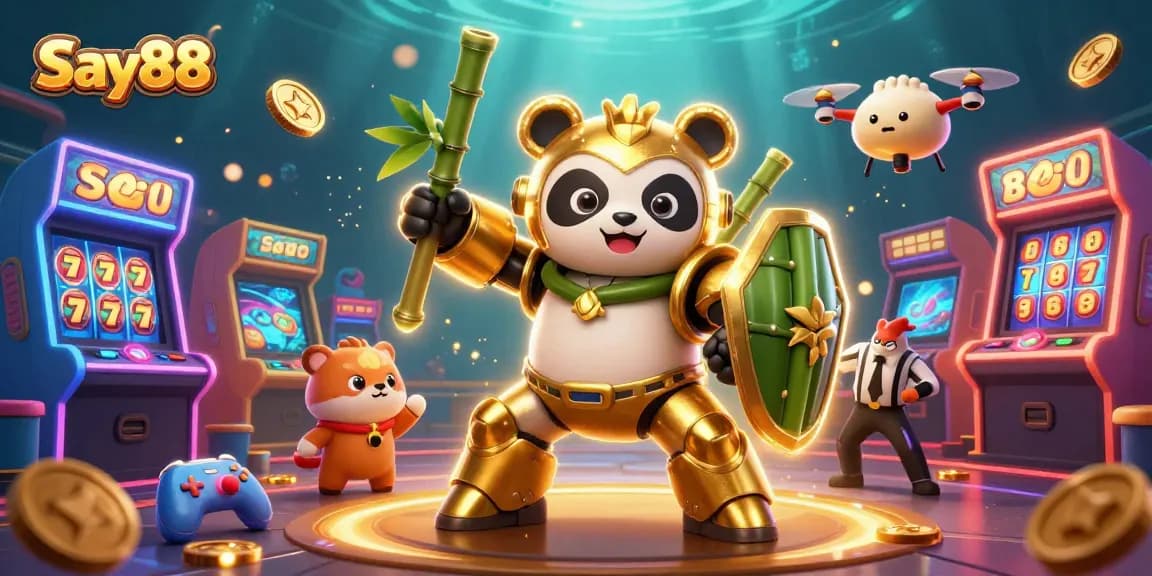 Experience the thrill of winning at Say88 with a dynamic casino-themed digital illustration depicting colorful games and vibrant characters.
