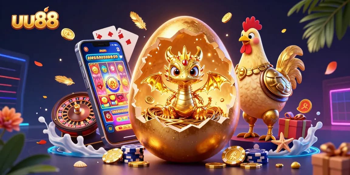 Play thrilling games at uu88 while a golden dragon emerges from a nest of poker chips.