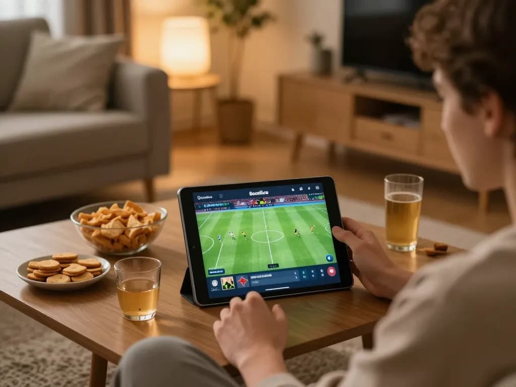 Person engaging with the Socolive platform for live soccer streaming on a tablet, enjoying a cozy home atmosphere.