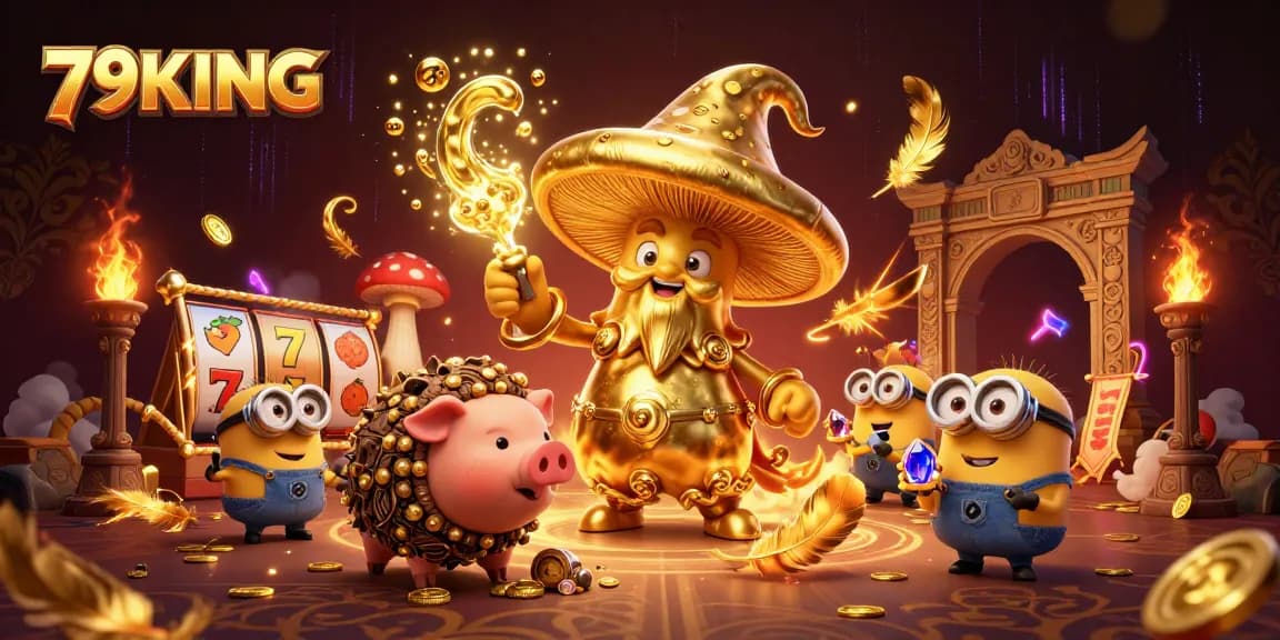 Join the magical adventure of 79KING with a wizard and treasure-hunting pig in animated casino action.